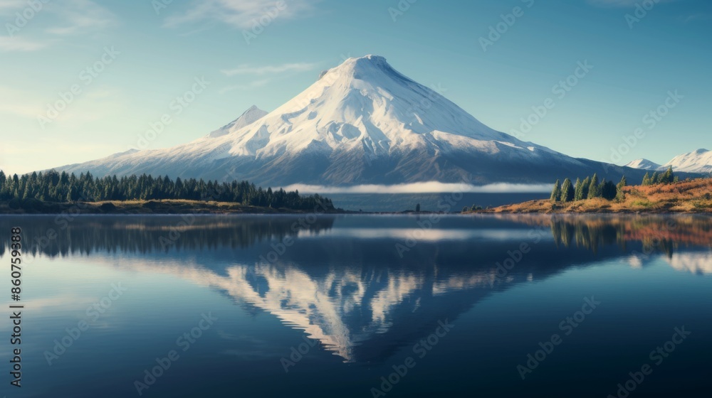 A stunning snowy mountain is perfectly reflected in the calm, clear waters of a lake surrounded by lush green forest, creating a tranquil and picturesque natural scene. A stunning snowy mountain is perfectly reflected in the calm, clear waters of a lake surrounded by lush green forest, creating a tranquil and picturesque natural scene.