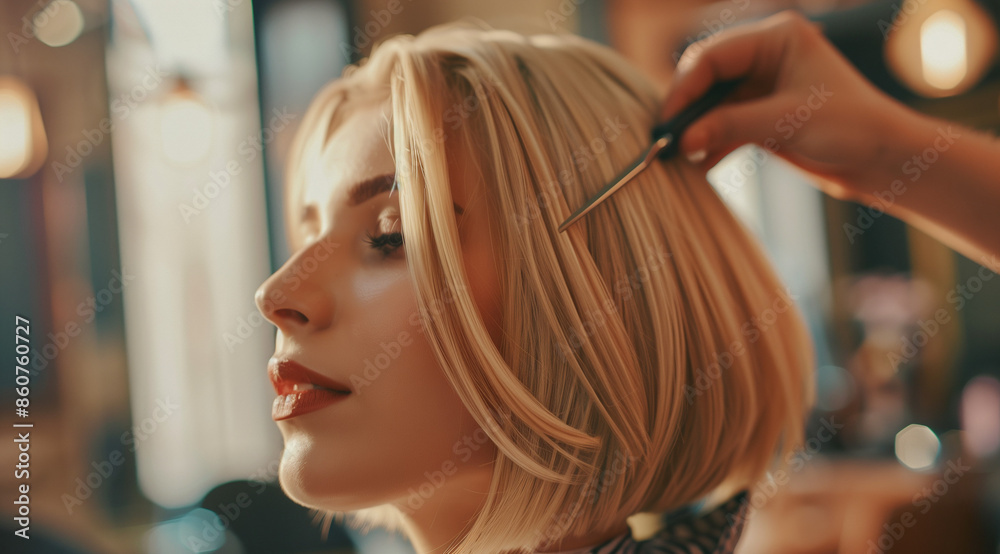 Fototapeta premium Beautiful blonde model woman in the hairdresser salon gets a new haircut