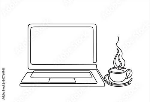 Continuous one line drawing of a laptop and a cup of coffee or tea. Vector linear icon illustration