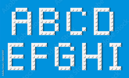 Letters of the alphabet composed of white plastic brick toy blocks on blue background. Building bricks font. Vector background illustration