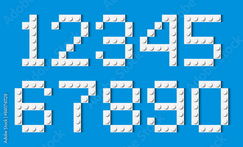 Numbers composed of white plastic brick toy blocks on blue background. Building bricks font. Vector background illustration