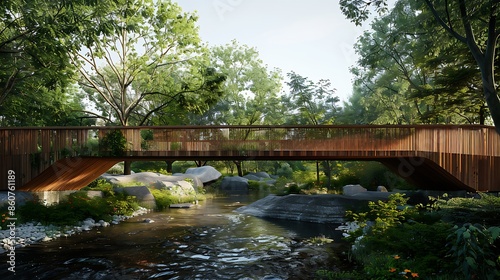 contemporary bridge made entirely of treated wood, designed to withstand the elements while providing a scenic pedestrian pathway over a river