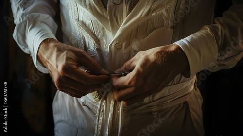 This image intimately captures a groom in the midst of fastening his belt a pivotal step in perfecting his attire for the wedding The photograph focuses on the hands meticulously threa : Generative AI photo