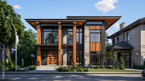 contemporary home with a front facade featuring vertical wooden beams that enhance its height and grace, blending into a suburban setting