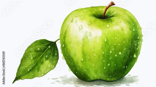 A realistic illustration of a fresh green apple adorned with water droplets, symbolizing freshness and vitality. Accompanied by a green leaf, emphasizing nature's purity.