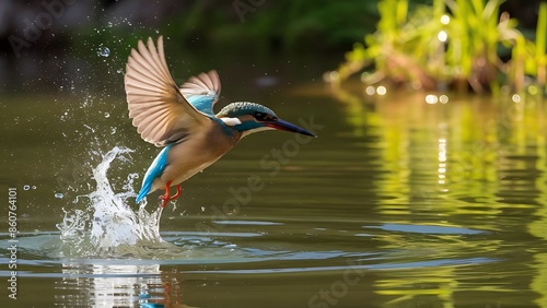 A blue bird with a yellow beak is flying above the water