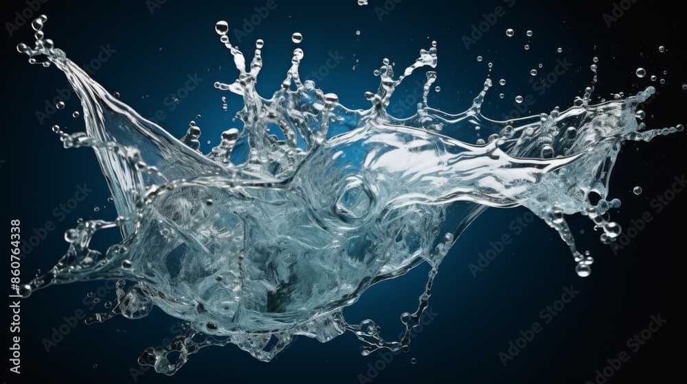 A visually stunning high-speed photograph capturing a water splash in mid-air against a dark background, showcasing the fluid dynamics and energy of the resulting shapes. A visually stunning high-speed photograph capturing a water splash in mid-air against a dark background, showcasing the fluid dynamics and energy of the resulting shapes.