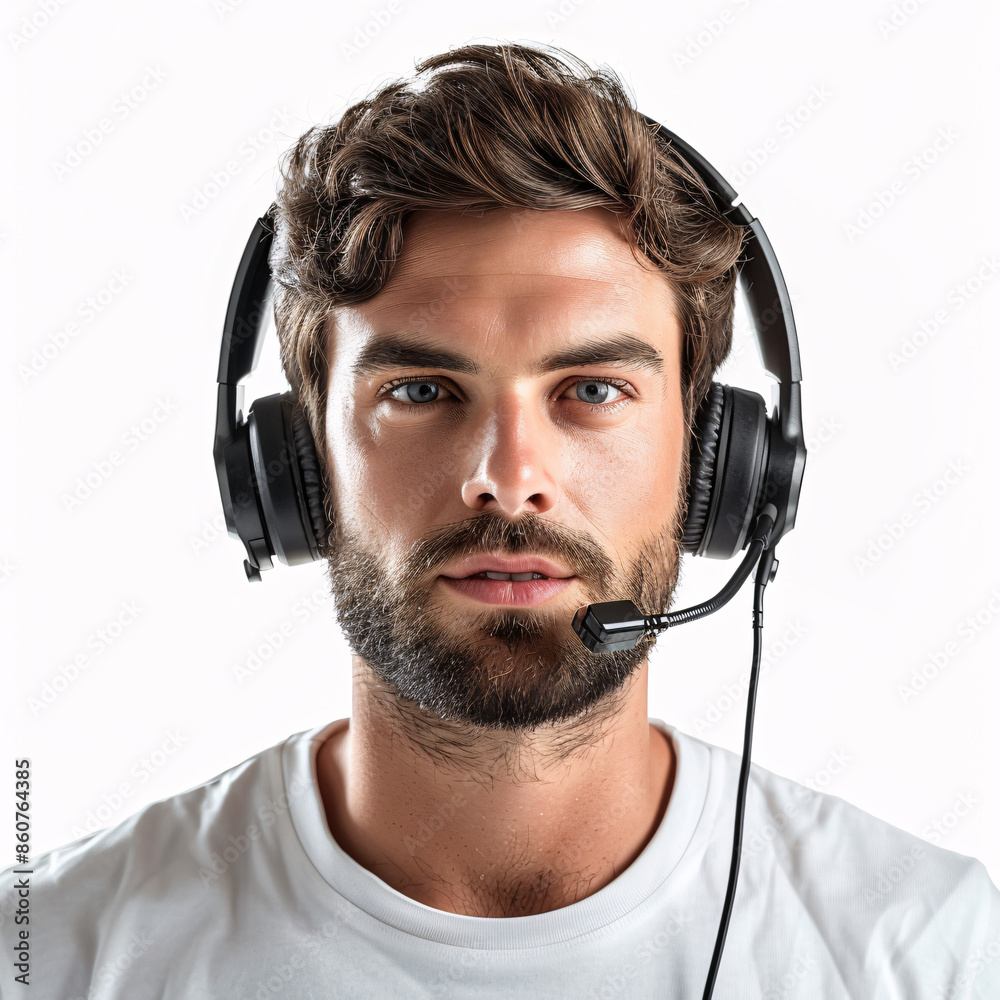 An isolated image of a call center customer service representative wearing a headset, ready to assist customers with their inquiries or issues. This image can be used for customer service related... An isolated image of a call center customer service representative wearing a headset, ready to assist customers with their inquiries or issues. This image can be used for customer service related...