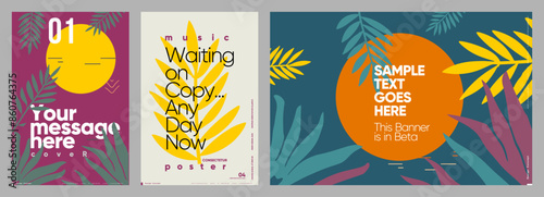A collection of tropical-themed vector posters with vibrant colors and editable text spaces, perfect for marketing covers, event banners, and creative media projects.