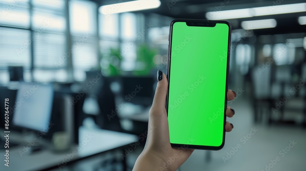 Hand holding smartphone with green screen in modern office setting, blurred background of desks and computers, bright and professional atmosphere
Hand holding smartphone with green screen in modern office setting, blurred background of desks and computers, bright and professional atmosphere