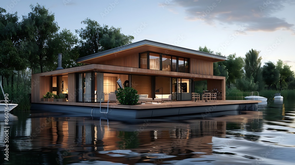 floating house with a wooden hull and superstructure, designed to blend with the waterways and provide a sustainable living solution floating house with a wooden hull and superstructure, designed to blend with the waterways and provide a sustainable living solution
