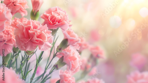 Close up view of lovely pink carnations blooming in the flower field on a beautiful spring day shallow focus and blurred background effectFor special occasions especially Mothers Day a : Generative AI