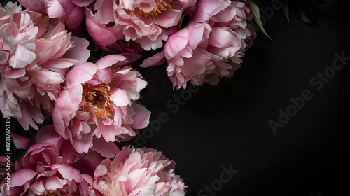 Fototapeta Naklejka Na Ścianę i Meble -  Beautiful peonies frame in dark colors Black Floral background Festive flowers concept Soft focus copy space : Generative AI