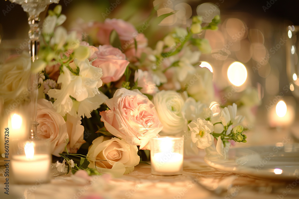Obraz premium A close-up view reveals a beautifully decorated dinner table adorned with a centerpiece of pink and white flowers