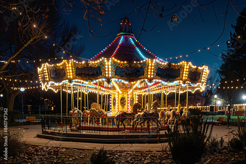 A colorful carousel in a park with lights on, perfect for night time scenes or festive occasions © Nate