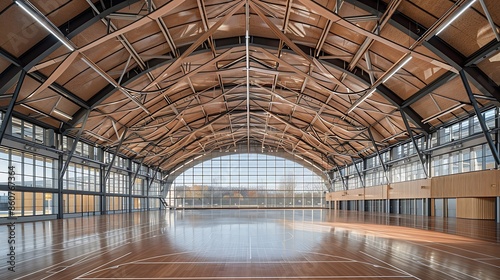 high-performance sports facility with a dynamic wooden roof structure that mimics athletic movement, inspiring visitors and athletes alike