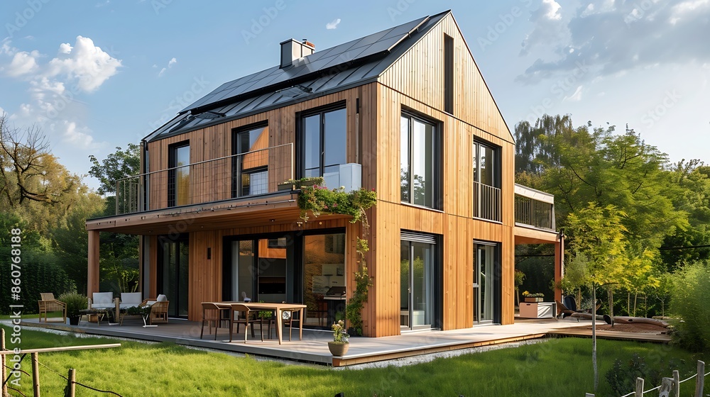 Fototapeta premium high-tech home with smart wooden cladding that adjusts automatically to weather conditions for optimal comfort and energy savings