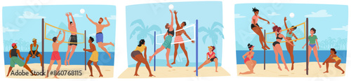 Group Of Young Characters Enjoys A Lively Game Of Beach Volleyball Under The Clear Sky. Cartoon Vector Illustration
