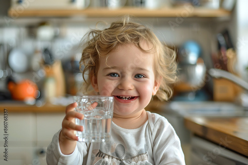 An adorable Caucasian toddler smiles warmly while holding a glass of water in a modern kitchen room
