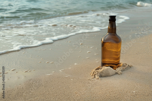 An empty bottle of rum lies on the sand near the shore, partially buried in the grains as the waves gently lap nearby photo