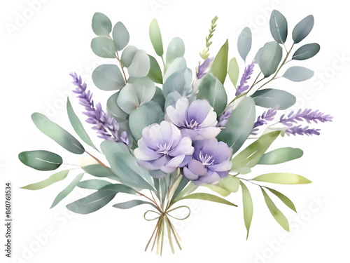 Beautiful Watercolor Flowers and Leaves Bouquet on Transparent Background