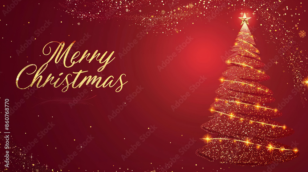 copy space, luxury happy merry christmas card with golden glitter line drawing of an elegant christmas tree, red background, text copy space, luxury happy merry christmas card with golden glitter line drawing of an elegant christmas tree, red background, text
