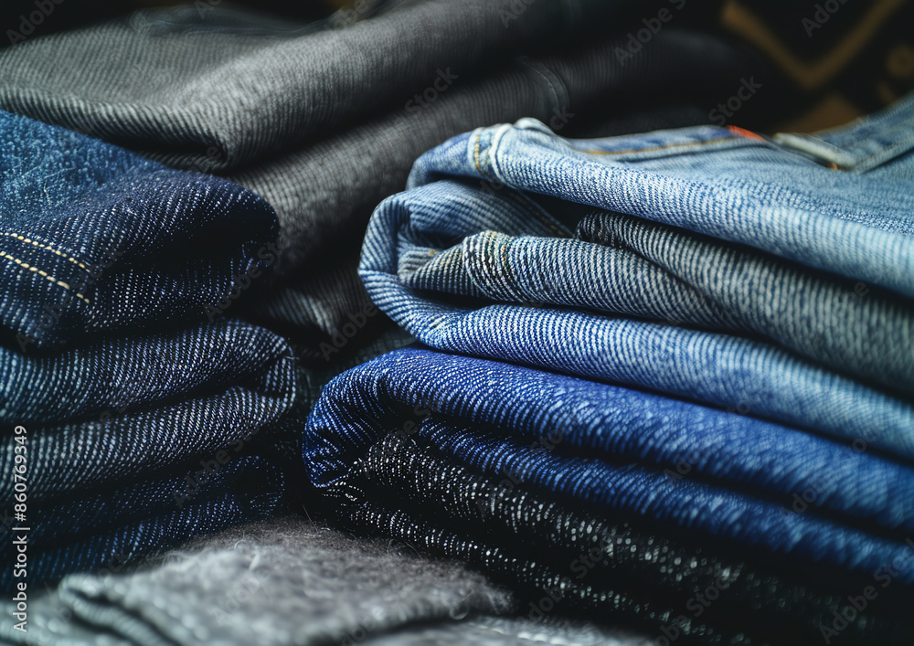 photo of a denim section with neatly folded jeans photo of a denim section with neatly folded jeans