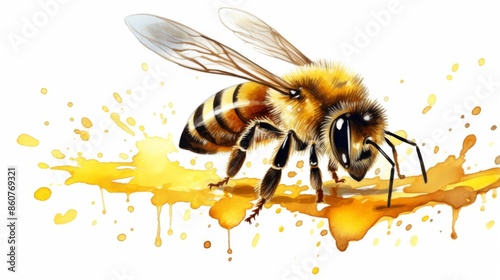 An artistic representation of a honeybee emphasizing the honey it produces, with vibrant colors and drips of honey around, highlighting the importance of bees in nature. photo