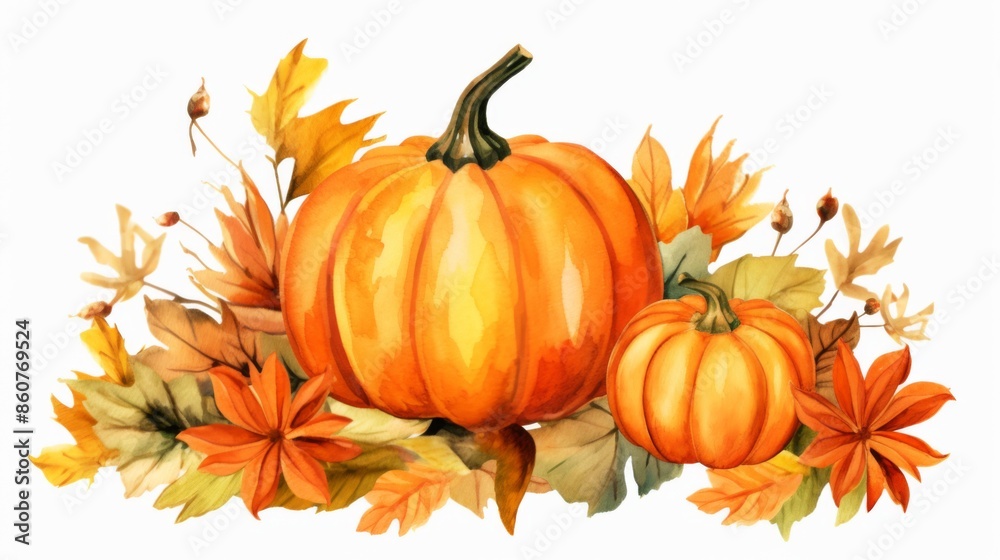 This image shows two pumpkins accompanied by autumn leaves and orange flowers, creating a charming and colorful display that captures the essence of the fall season. This image shows two pumpkins accompanied by autumn leaves and orange flowers, creating a charming and colorful display that captures the essence of the fall season.