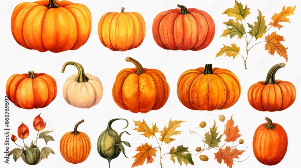 A collection of different pumpkins and autumn leaves, showcasing various shapes, sizes, and colors. This image captures the diversity of the harvest season. A collection of different pumpkins and autumn leaves, showcasing various shapes, sizes, and colors. This image captures the diversity of the harvest season.