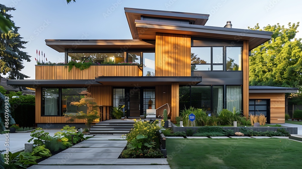 house with wooden accents forming angular, sculptural elements on the facade, enhancing its modern design house with wooden accents forming angular, sculptural elements on the facade, enhancing its modern design