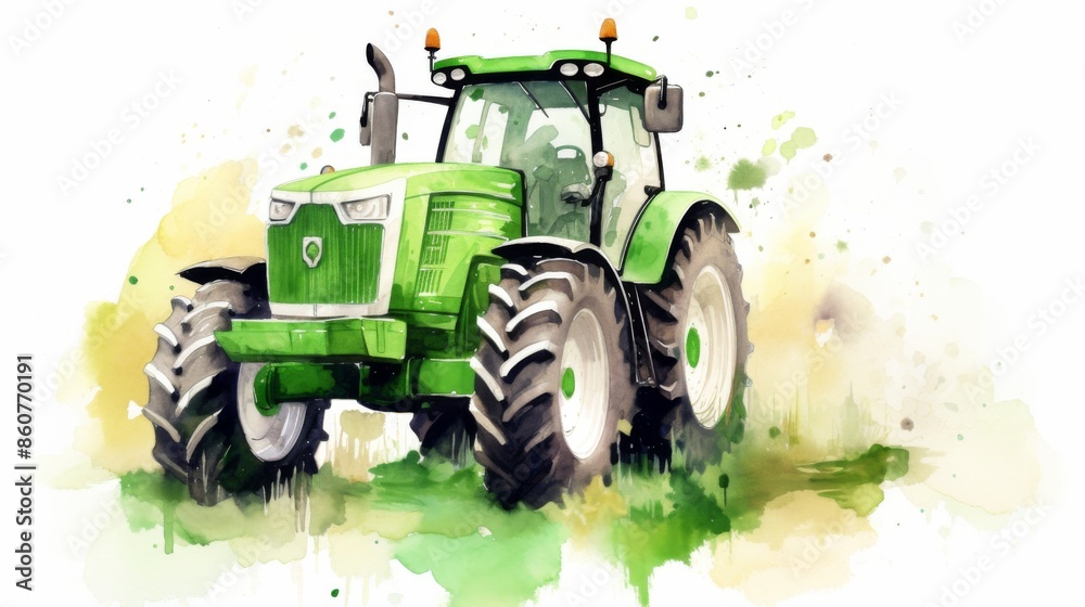 Obraz premium The image showcases a green tractor with large tires making splashes on a grassy field, representing agricultural machinery in action with a focus on farming and agriculture.
