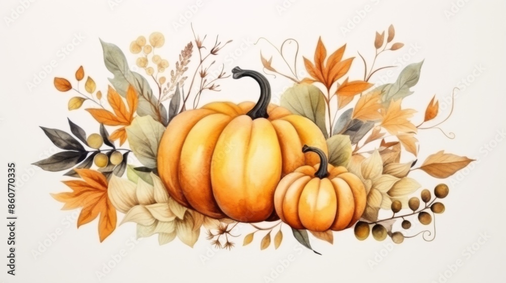 The image shows two pumpkins placed amidst a beautiful display of autumn leaves and flowers, representing the harvest season with a focus on nature's bounty and festive decor. The image shows two pumpkins placed amidst a beautiful display of autumn leaves and flowers, representing the harvest season with a focus on nature's bounty and festive decor.