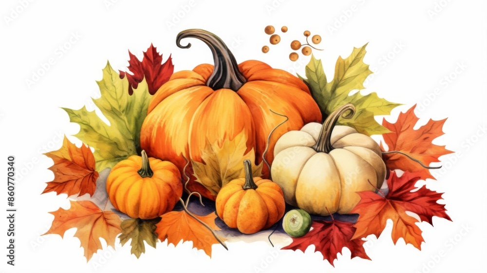 An illustration featuring large and small pumpkins amidst vibrant autumn leaves, depicting the essence of the autumn harvest season with rich, warm colors. An illustration featuring large and small pumpkins amidst vibrant autumn leaves, depicting the essence of the autumn harvest season with rich, warm colors.