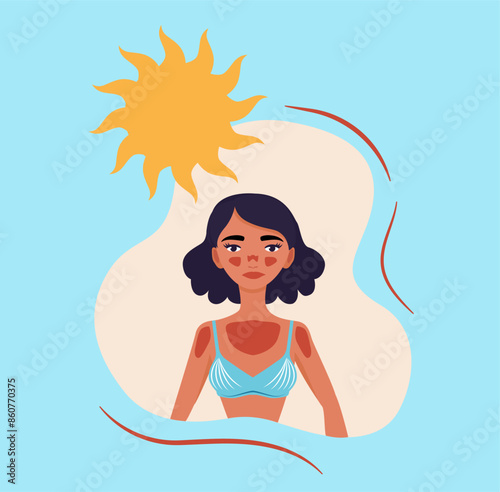 Sad girl with sunburns on her skin. Bright, summer 2d illustration.