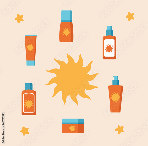 Sunscreen cosmetics in different bottles on a shelf on a blue background. Bright, summer 2d illustration.