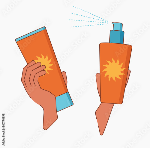 Bottle with sunscreen in hand. Bright, summer 2d illustration.
