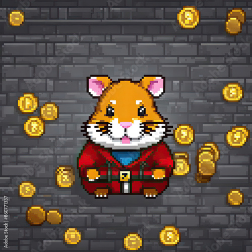 pixel art a cute hamster with coins photo