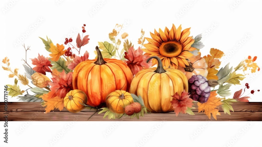This vibrant autumn scene features pumpkins and autumn leaves, complemented by sunflowers and other seasonal flora, capturing the festive and warm essence of the harvest season. This vibrant autumn scene features pumpkins and autumn leaves, complemented by sunflowers and other seasonal flora, capturing the festive and warm essence of the harvest season.