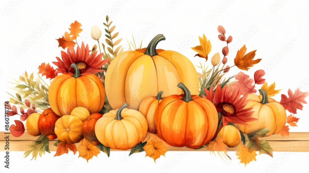 This illustration presents an arrangement of pumpkins, autumn leaves, and flowers, beautifully melding together to represent the warmth and abundance of the fall season in a cheerful display. This illustration presents an arrangement of pumpkins, autumn leaves, and flowers, beautifully melding together to represent the warmth and abundance of the fall season in a cheerful display.