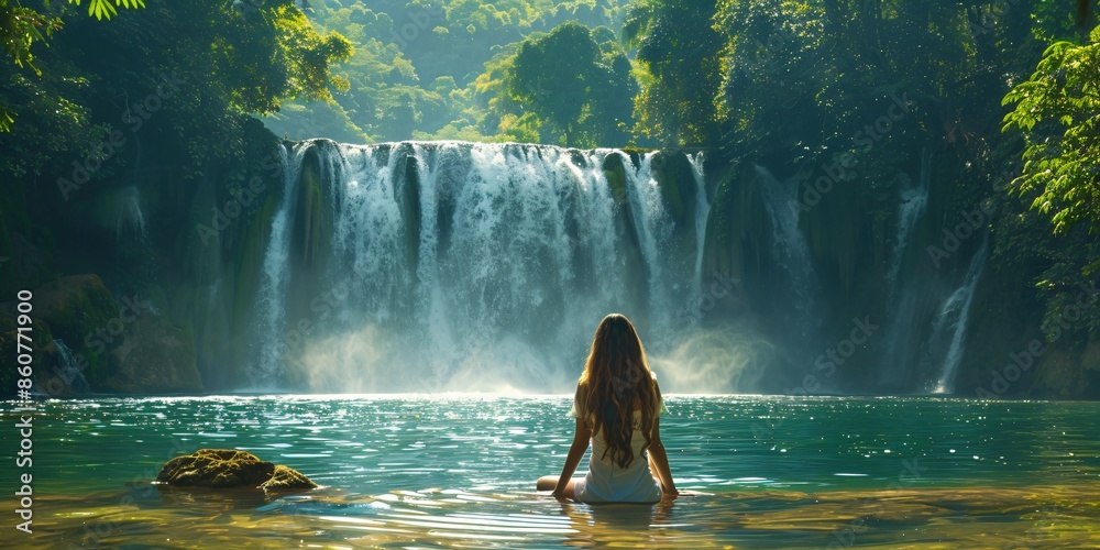 beautiful woman in a rainforest waterfall beautiful woman in a rainforest waterfall
