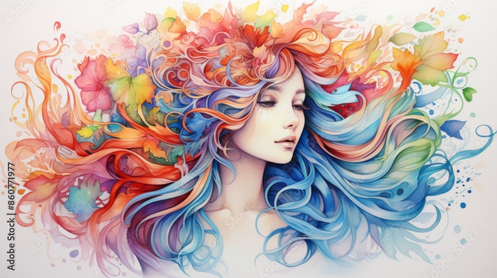 A vibrant artwork showcasing a serene woman's face surrounded by abstract, colorful flowers blending into her hair, representing creativity and the fusion of nature and human beauty. A vibrant artwork showcasing a serene woman's face surrounded by abstract, colorful flowers blending into her hair, representing creativity and the fusion of nature and human beauty.