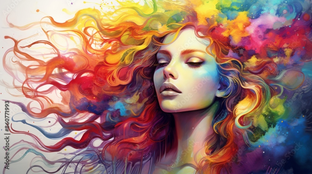 A serene, artistic representation of a woman with her eyes closed, surrounded by vivid, abstract colors flowing outward, symbolizing tranquility, contemplation, and artistic freedom. A serene, artistic representation of a woman with her eyes closed, surrounded by vivid, abstract colors flowing outward, symbolizing tranquility, contemplation, and artistic freedom.