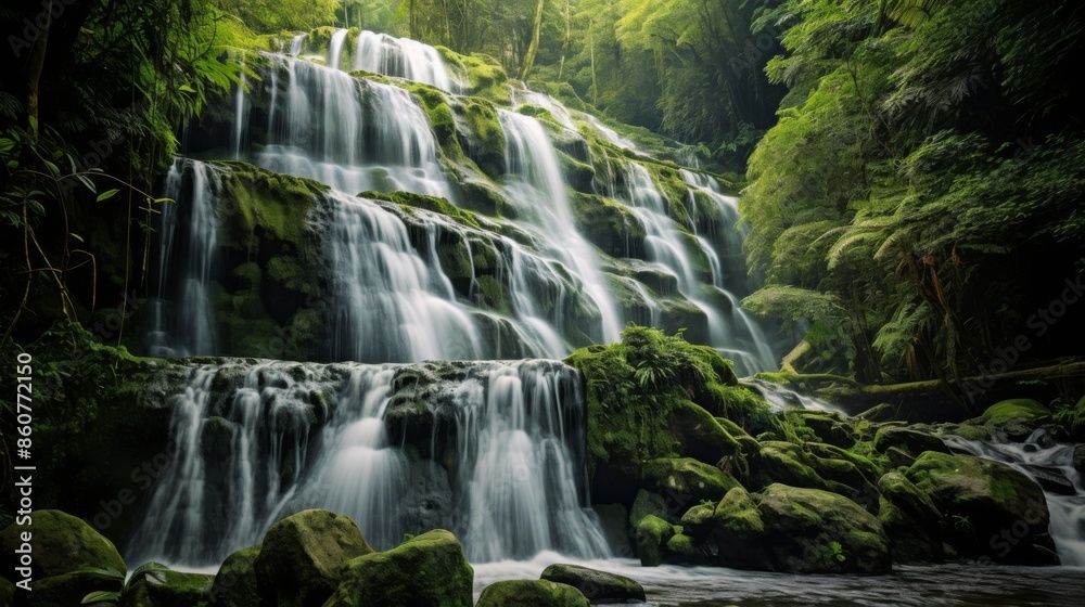 Fototapeta premium A magnificent waterfall flows over tiered rocky formations, surrounded by lush vibrant greenery, showcasing a stunning and tranquil natural landscape perfect for exploration.