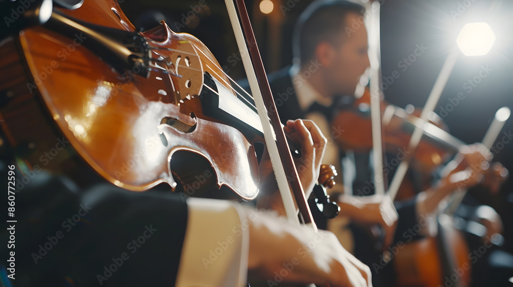 Fototapeta premium Elegant string quartet performing at wedding reception in restaurant handsome man in suits playing violin and cello at theatre play orchestra closeup music concept : Generative AI