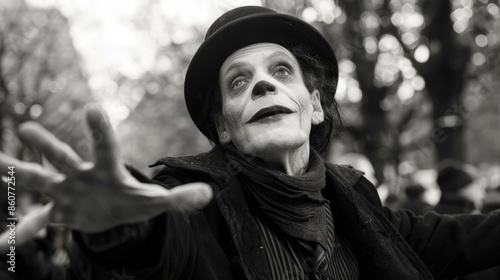 A black and white portrait of a man in a top hat looking upwards, with his hand outstretched. The man is dressed in a dark coat and scarf and stands in a forest setting