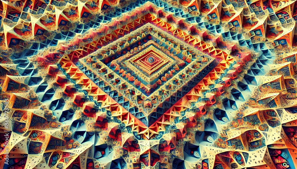 A wide, high-resolution 3D image created using fractals with binary patterns to generate repeated shapes like the Sierpinski Triangle, featuring intricate and colorful designs.