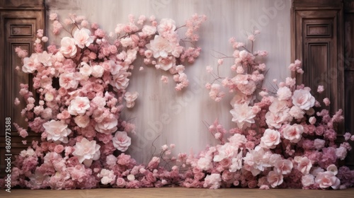 Wallpaper Mural A charming pink and white floral arrangement artfully displayed on a wall, providing an exquisite backdrop ideal for weddings, events, or photo sessions, evoking sentiments of love and joy. Torontodigital.ca