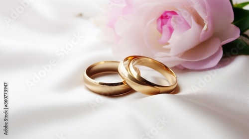This image shows two gold wedding rings beside a beautiful pink rose, placed delicately on smooth white fabric, symbolizing love and commitment.