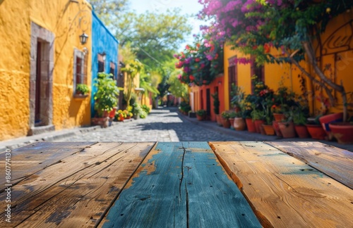 Wooden Tabletop In Front of Colorful Mexican Street